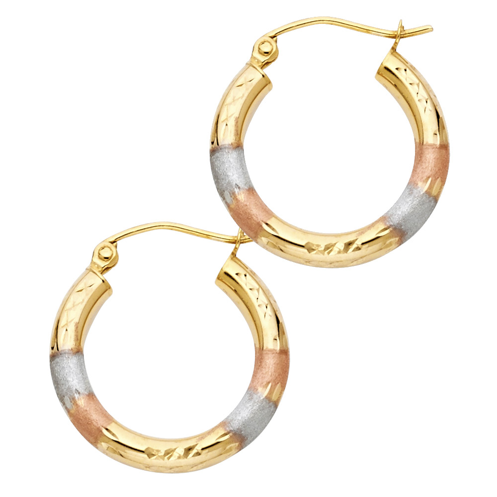 14k Tricolor Gold Round Tube Fancy Hoops Satin And Polished Finish Diamond Cut Earrings 20mm x 20mm