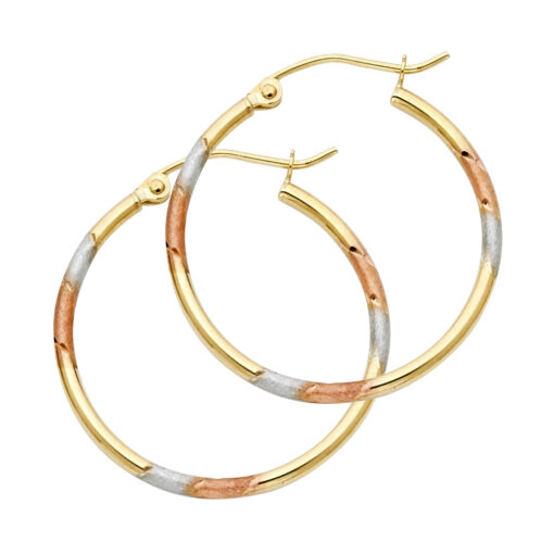 14k Yellow White Rose Gold Round Satin Matte Finish Hoops French Lock Tricolor Earrings 25mm x 25mm