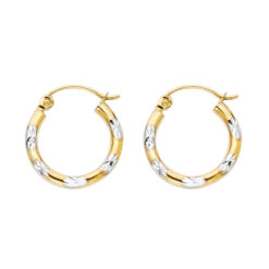 14k Two Tone Yellow And White Gold Round Diamond Cut Polished Hoop Earrings Genuine 15mm x 15mm