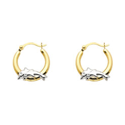 14k Yellow White Two Tone Gold Girls Round Dolphin Hoop Earrings Polished French Lock 13mm x 13mm