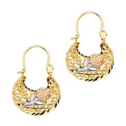 14k Yellow White Rose Gold Tricolor Flower Basket Hook Earrings Diamond Cut Fancy Design 21mm x 17mm